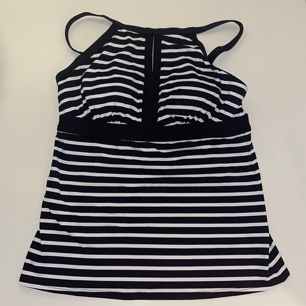 Black and white striped Land’s End tankini